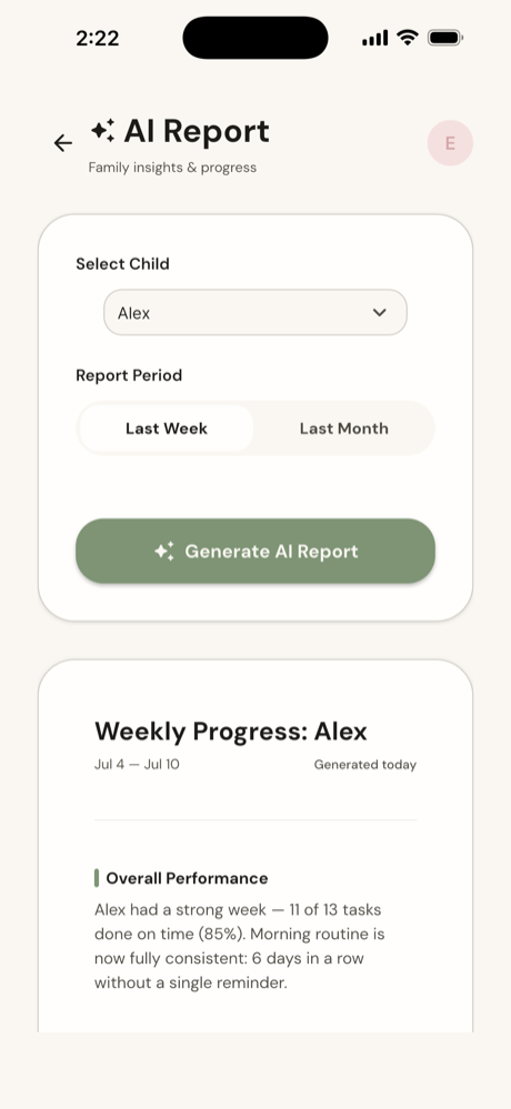 AI weekly progress report for a child in Family Tasks