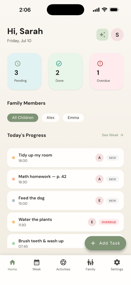 Family Tasks parent dashboard showing every child's chores and status for today