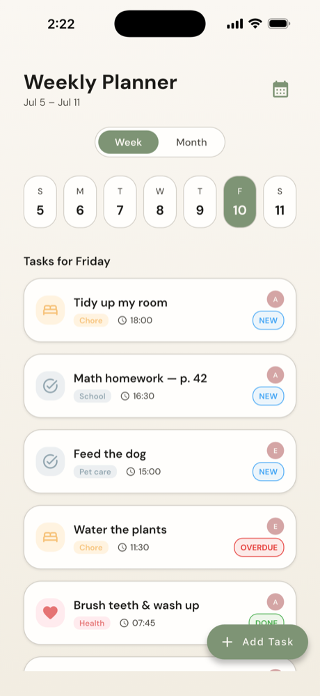 Family Tasks week planner showing chores scheduled across the days of the week for a child